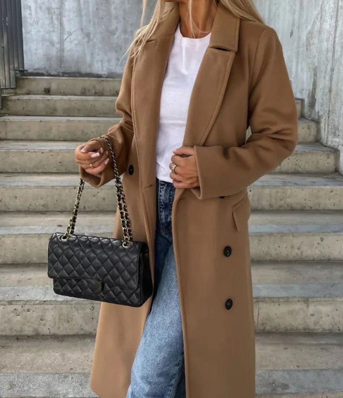 Women's Long Lapel Button Front Coat Double-Breasted Overcoat - Light Brown