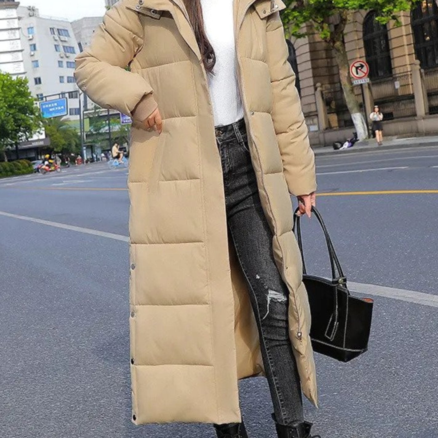 Women's Long Quilted Puffer Winter Coat Zip-Up Maxi Length - Khaki