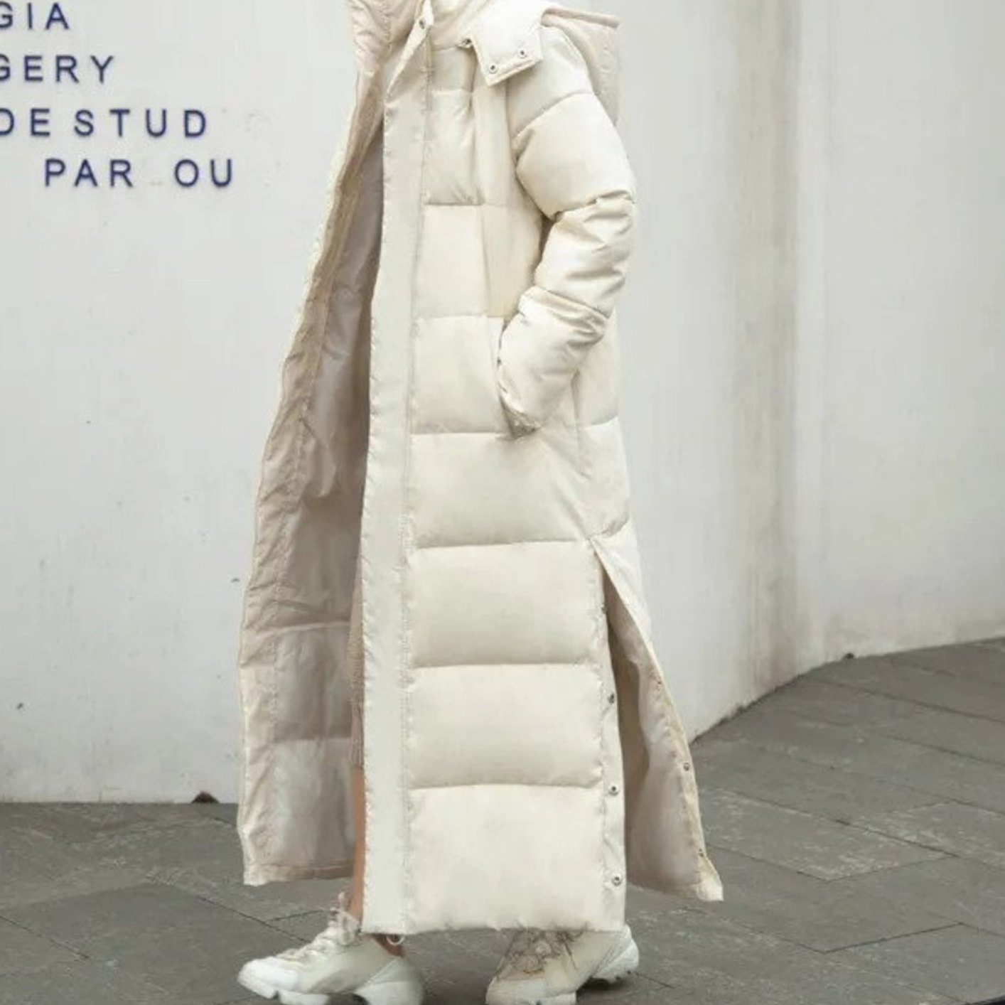 Women's Long Quilted Puffer Winter Coat Zip-Up Maxi Length - Beige