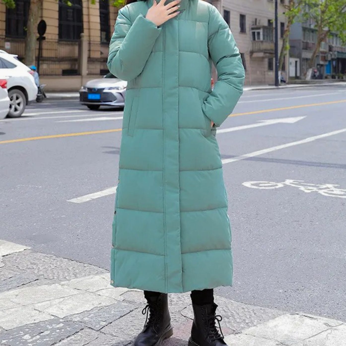 Women's Long Quilted Puffer Winter Coat Zip-Up Maxi Length - Green