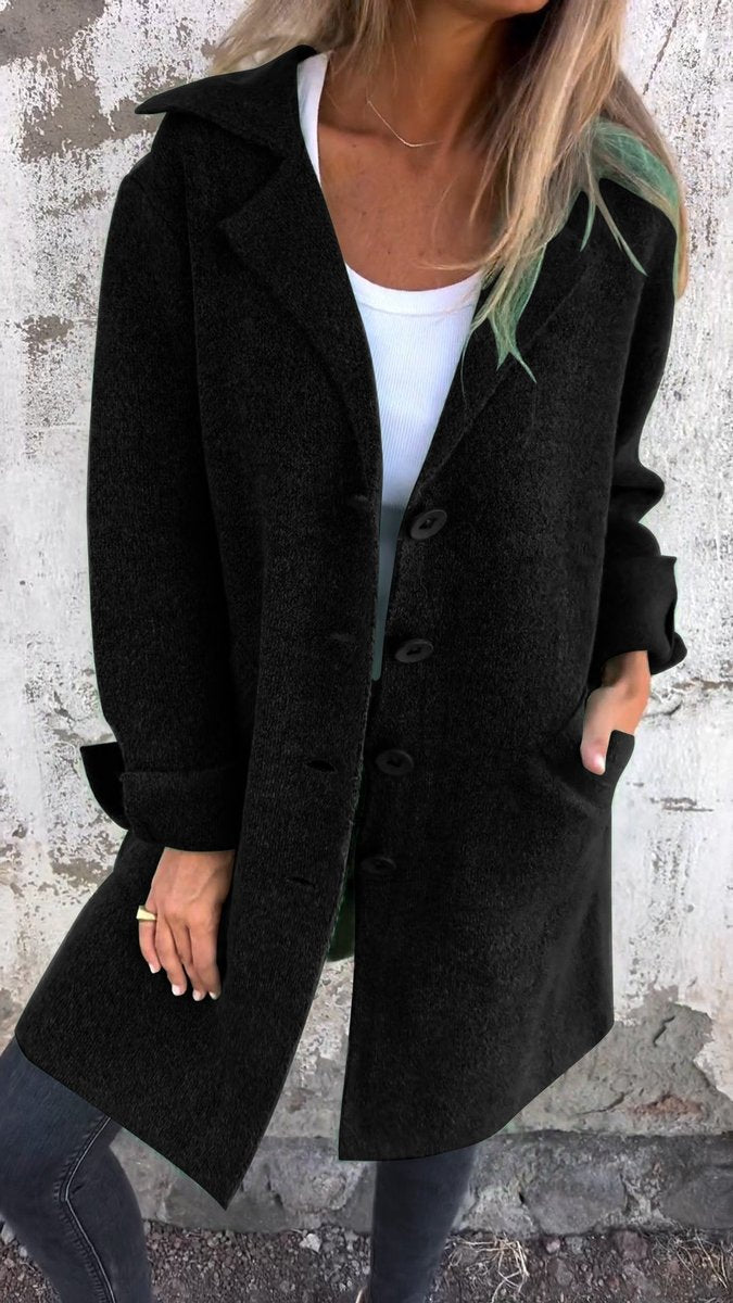 Women's Long Relaxed-Fit Button-Up Lapel Coat - Black