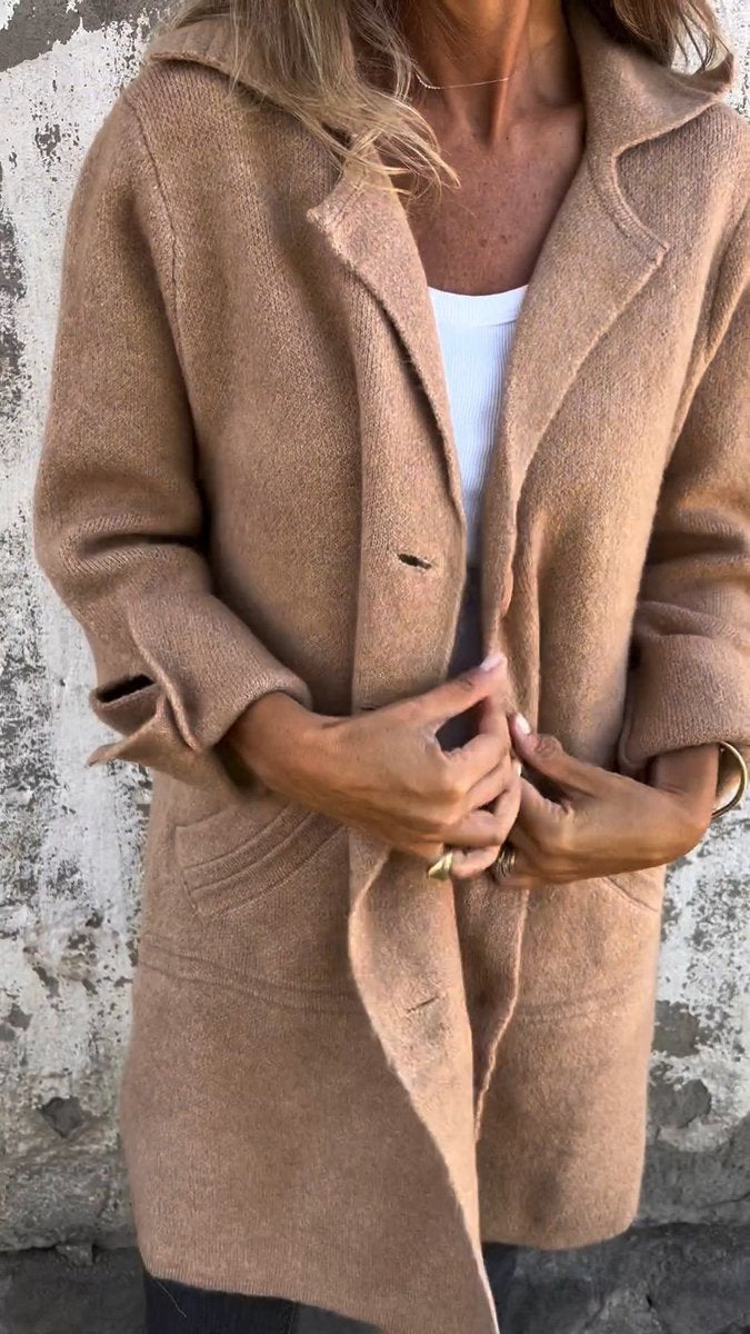 Women's Long Relaxed-Fit Button-Up Lapel Coat - Khaki