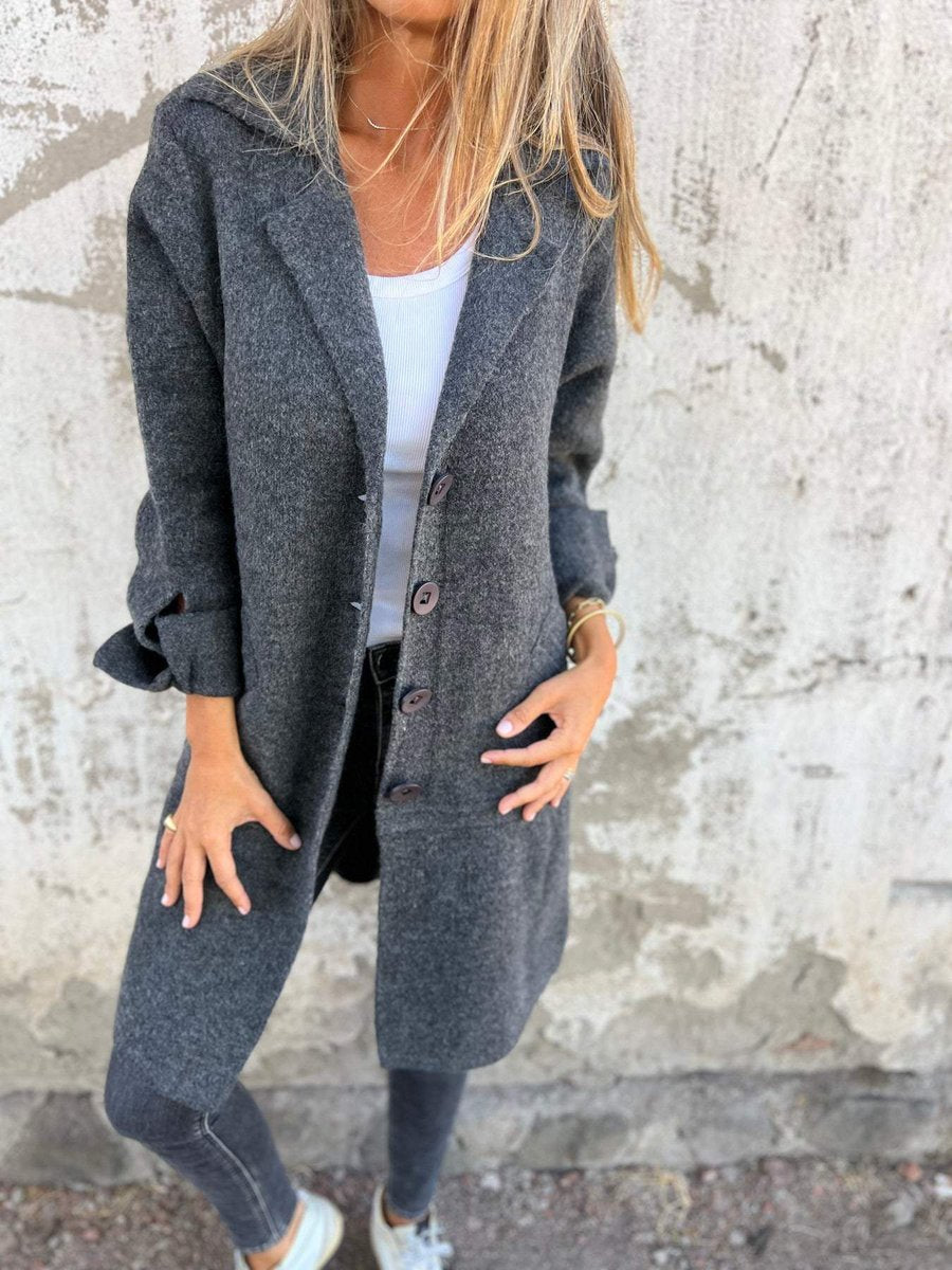 Women's Long Relaxed-Fit Button-Up Lapel Coat - Gray