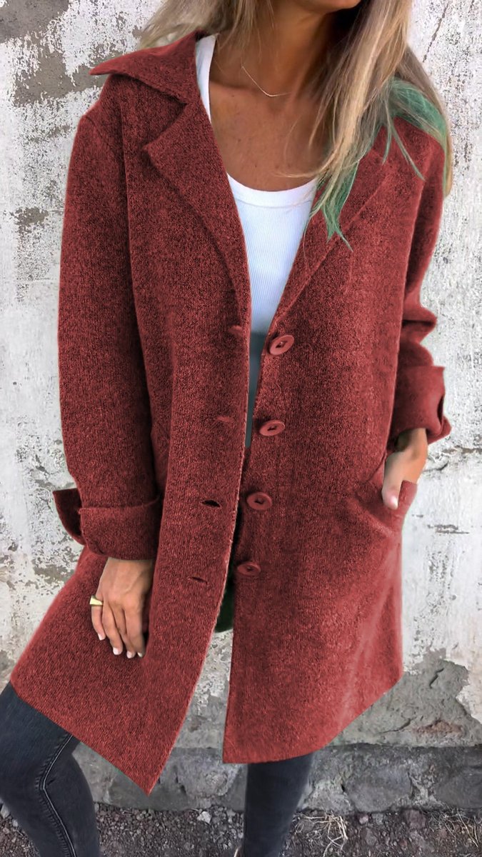 Women's Long Relaxed-Fit Button-Up Lapel Coat - Red