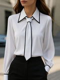 Women's Long Sleeve Contrast Trim Tie Neck Button-Down Blouse - White