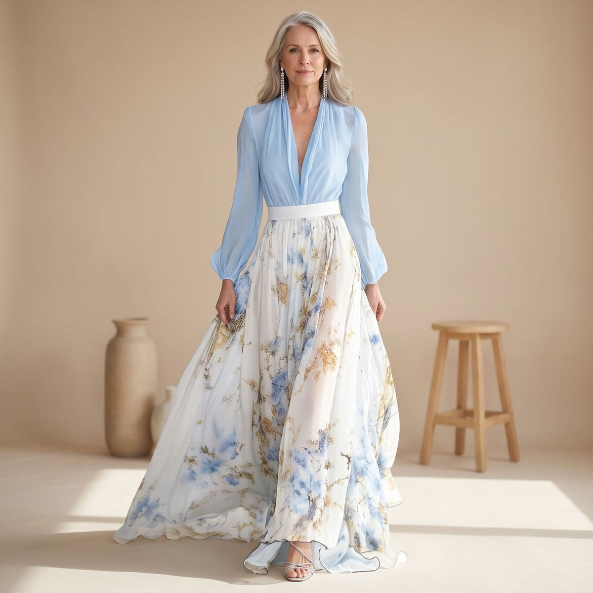 Women's Long-Sleeve Deep V-Neck Floral Formal Maxi Dress - Blue