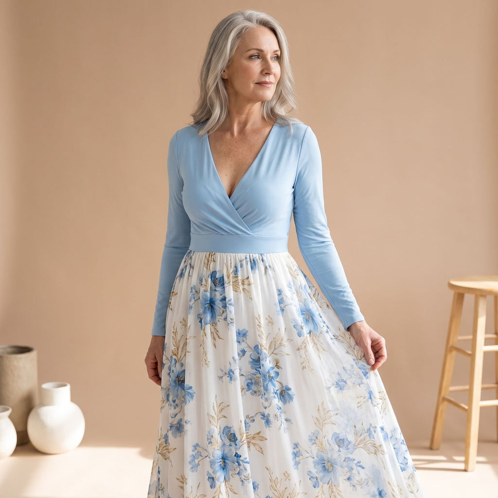 Women's Long-Sleeve Deep V-Neck Floral Formal Maxi Dress