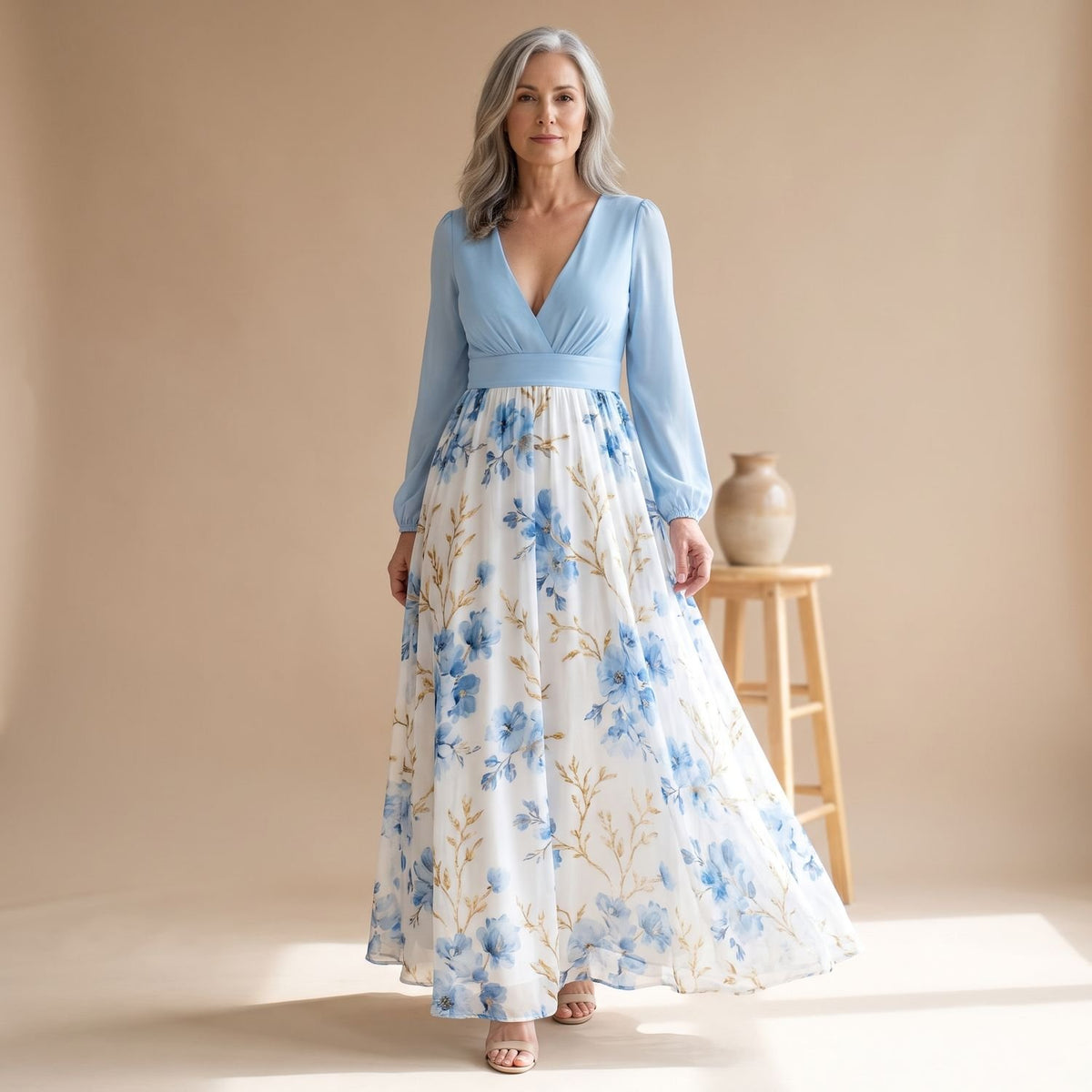 Women's Long-Sleeve Deep V-Neck Floral Formal Maxi Dress
