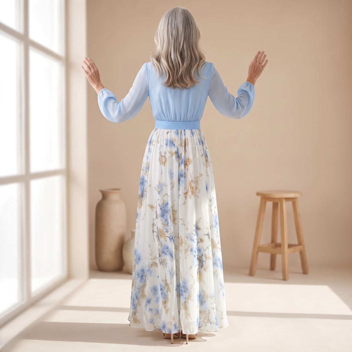 Women's Long-Sleeve Deep V-Neck Floral Formal Maxi Dress