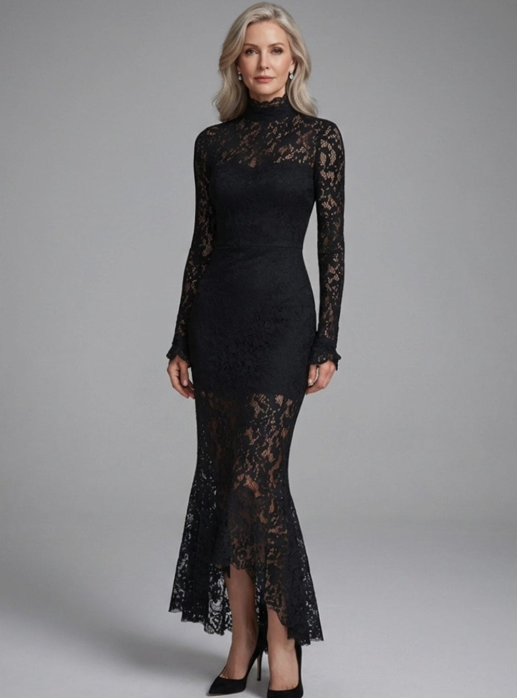 Women's Long Sleeve High Neck Lace Maxi Cocktail Dress - Black