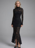 Women's Long Sleeve High Neck Lace Maxi Cocktail Dress - Black