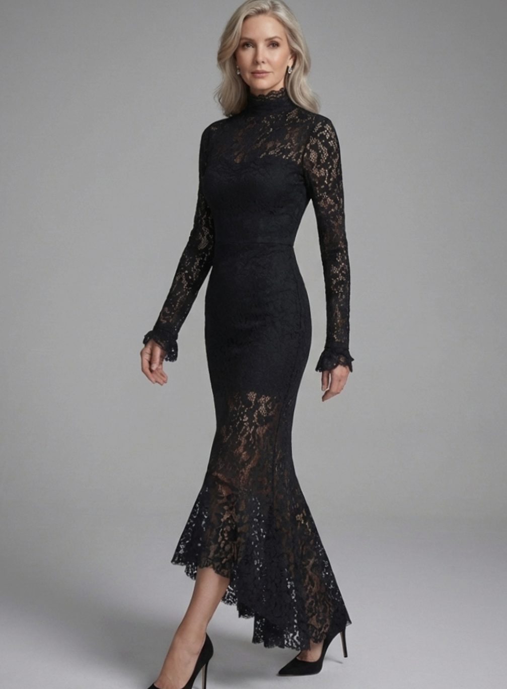 Women's Long Sleeve High Neck Lace Maxi Cocktail Dress