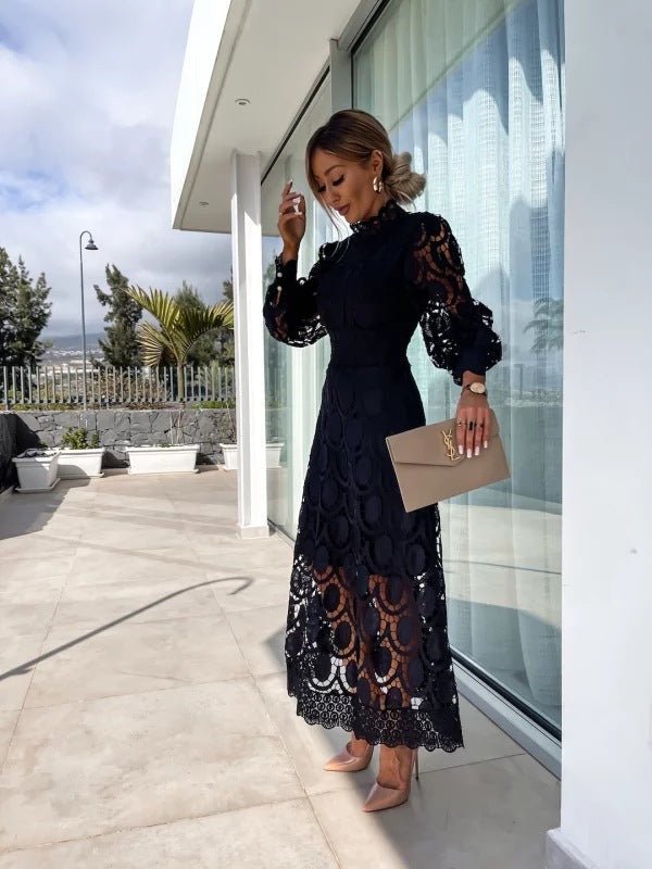 Women's Long-Sleeve Lace Midi Evening Dress - Black