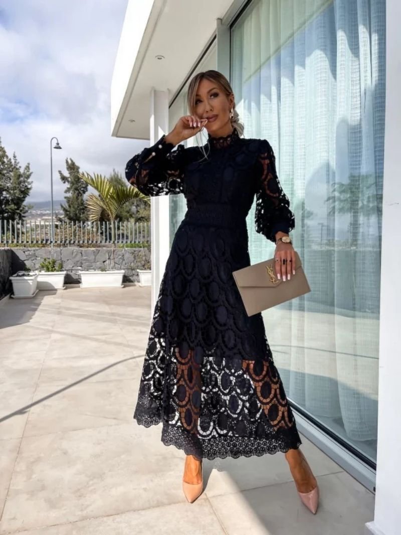 Women's Long-Sleeve Lace Midi Evening Dress
