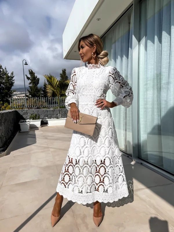 Women's Long-Sleeve Lace Midi Evening Dress - White