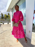 Women's Long-Sleeve Lace Midi Evening Dress - Dark Pink