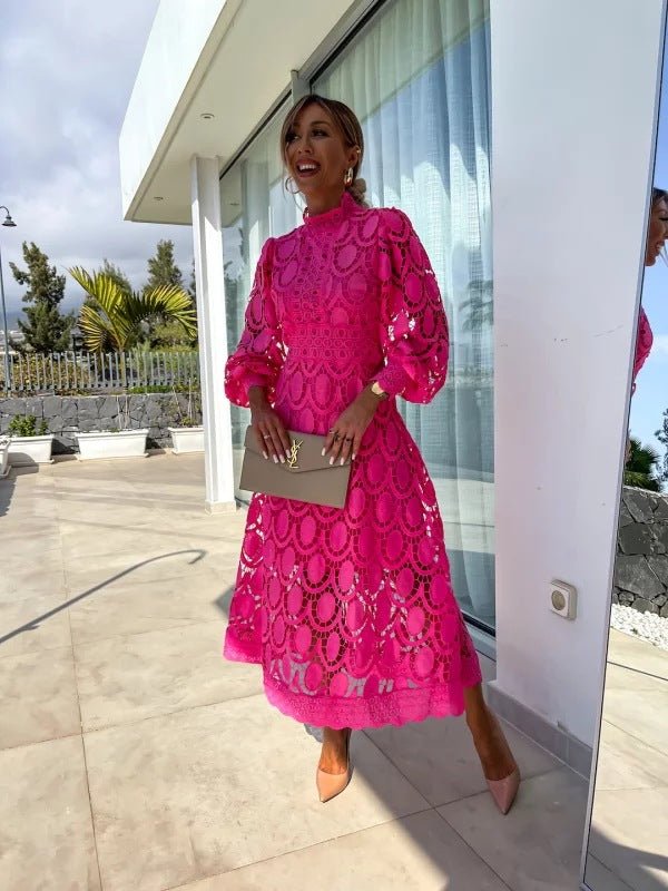 Women's Long-Sleeve Lace Midi Evening Dress - Dark Pink