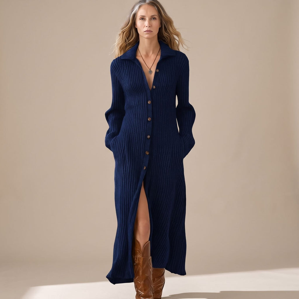 Women's Long Sleeve Ribbed Knit Maxi Sweater Dress Shirt Collar - Blue