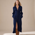 Women's Long Sleeve Ribbed Knit Maxi Sweater Dress Shirt Collar - Blue
