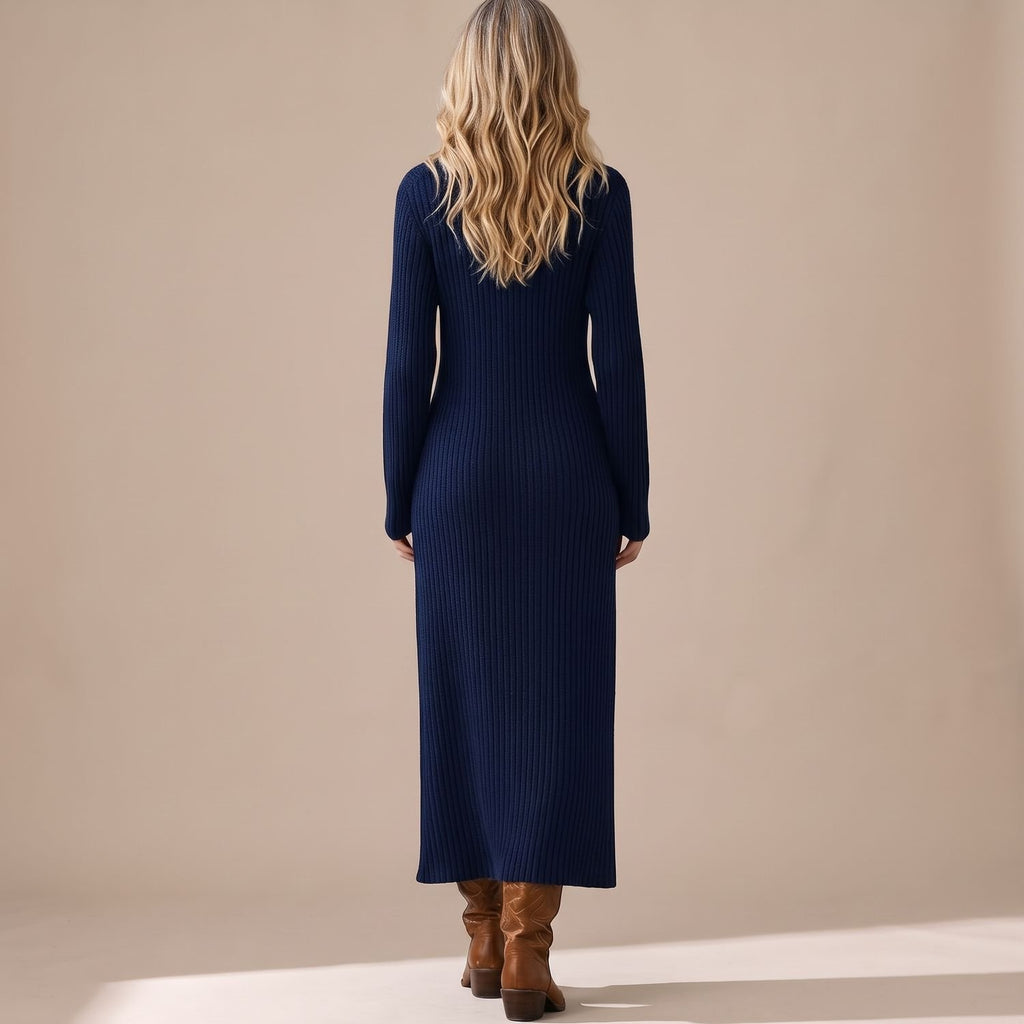 Women's Long Sleeve Ribbed Knit Maxi Sweater Dress Shirt Collar