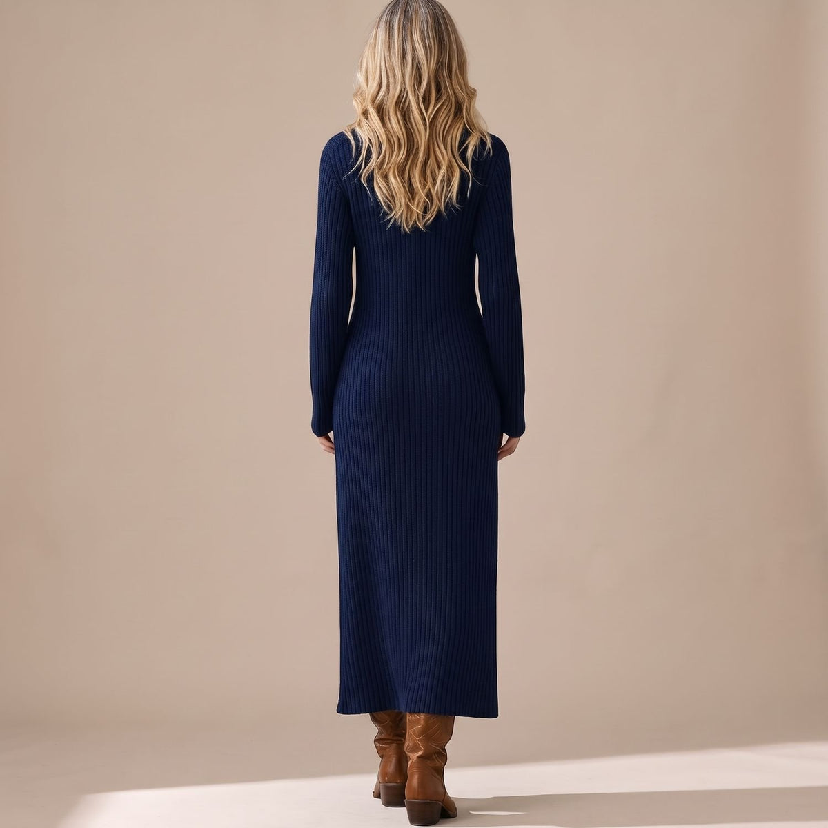 Women's Long Sleeve Ribbed Knit Maxi Sweater Dress Shirt Collar