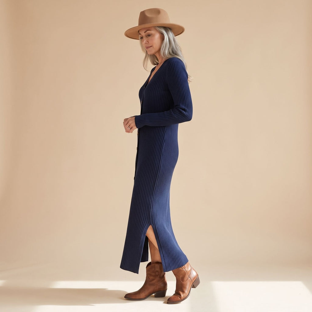 Women's Long Sleeve Ribbed Knit Maxi Sweater Dress Shirt Collar