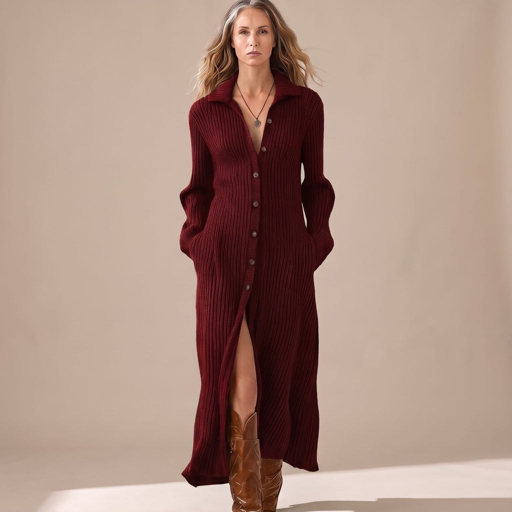 Women's Long Sleeve Ribbed Knit Maxi Sweater Dress Shirt Collar - Burgundy