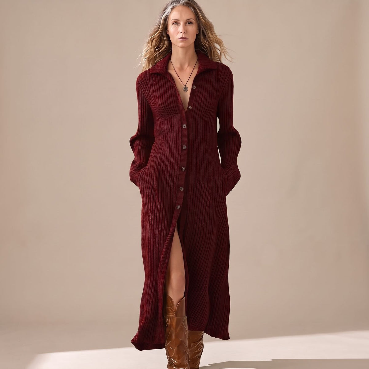 Women's Long Sleeve Ribbed Knit Maxi Sweater Dress Shirt Collar - Burgundy