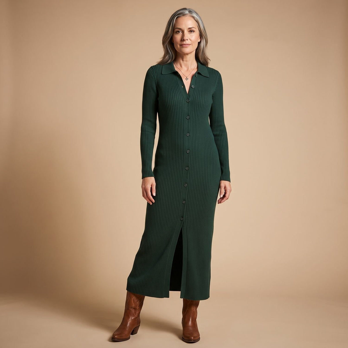 Women's Long Sleeve Ribbed Knit Maxi Sweater Dress Shirt Collar - Green