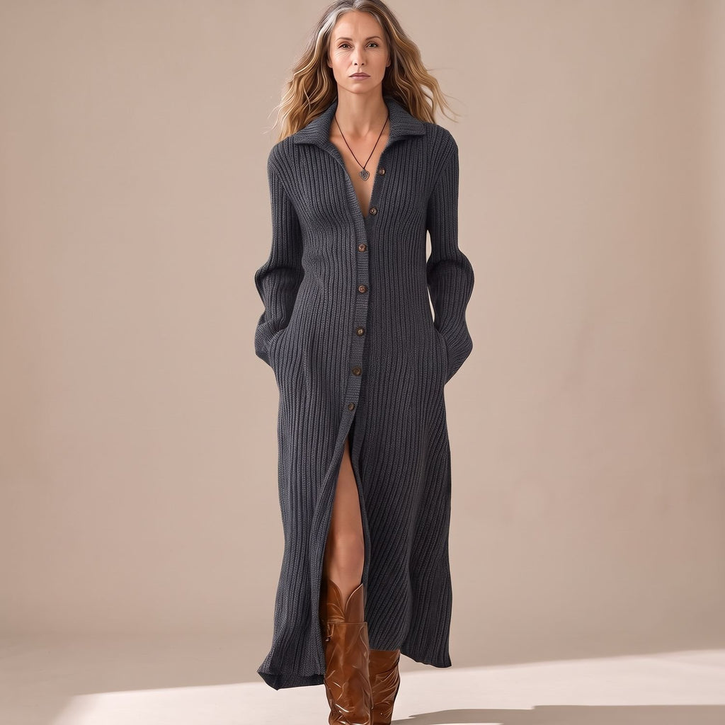 Women's Long Sleeve Ribbed Knit Maxi Sweater Dress Shirt Collar - Gray