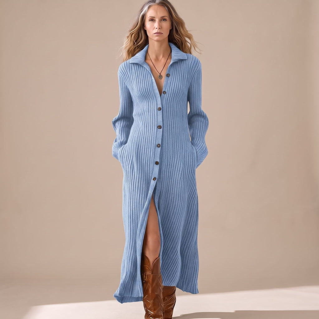 Women's Long Sleeve Ribbed Knit Maxi Sweater Dress Shirt Collar - Light Blue