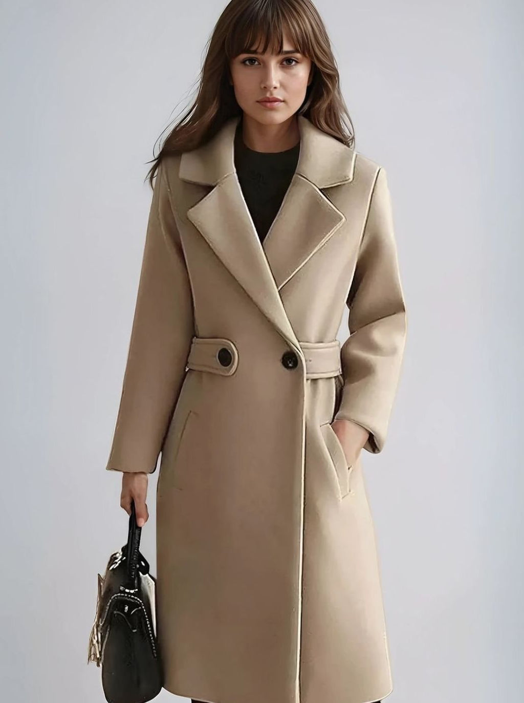 Women's Longline Belted Notch-Lapel Winter Coat - Camel