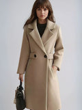 Women's Longline Belted Notch-Lapel Winter Coat - Camel