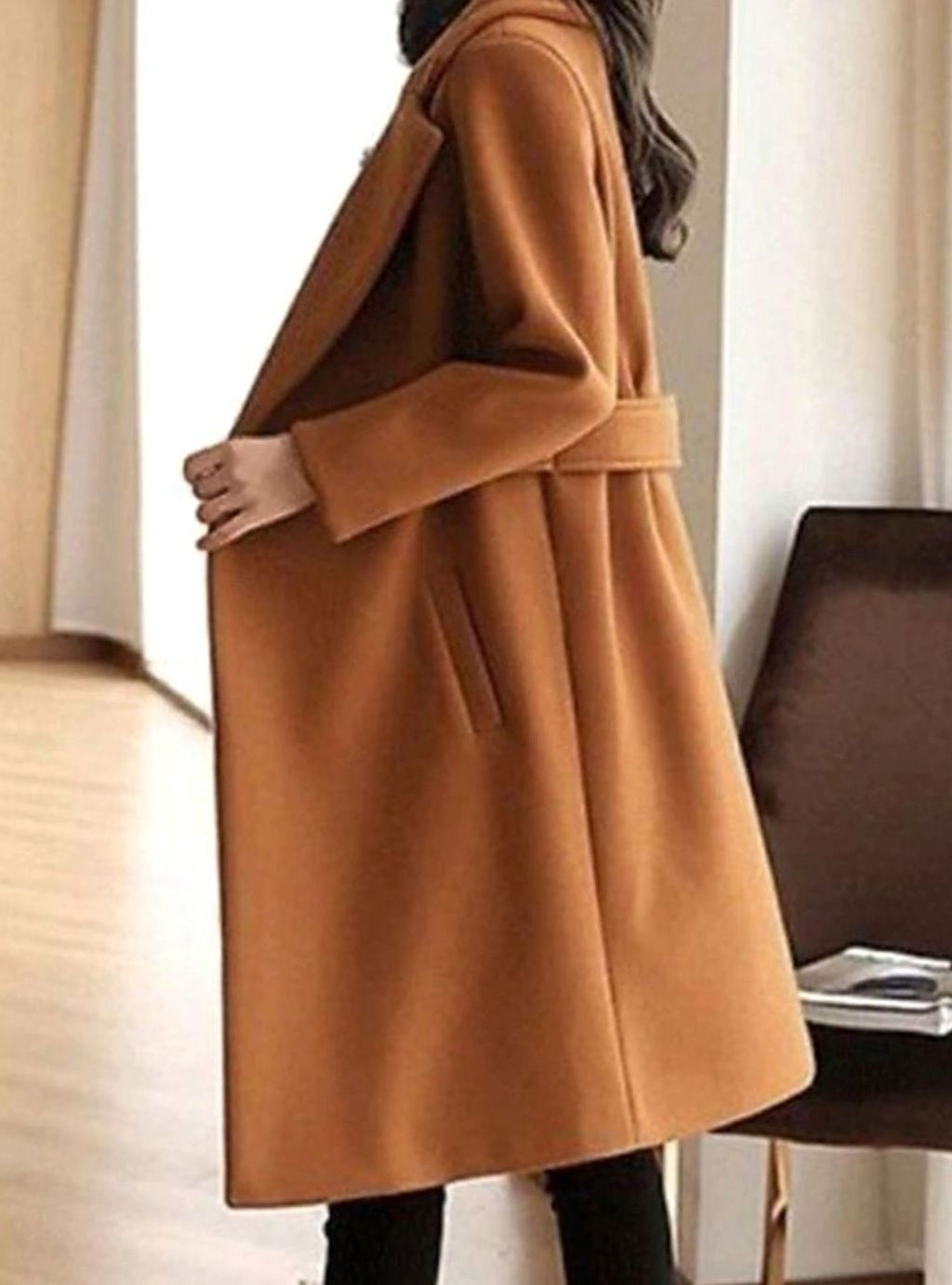 Women's Longline Belted Notch-Lapel Winter Coat
