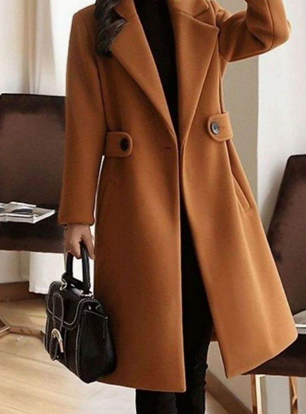 Women's Longline Belted Notch-Lapel Winter Coat - Brown