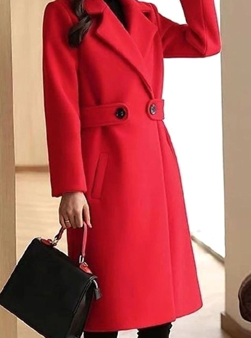 Women's Longline Belted Notch-Lapel Winter Coat - Red