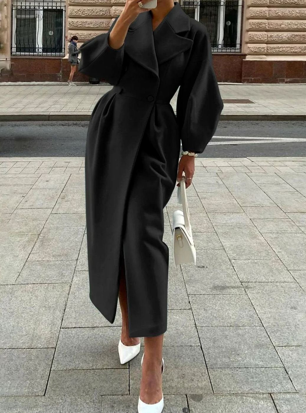 Women's Longline Double-Breasted Tailored Wool Coat - Black