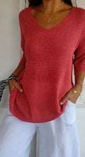Women's Longline Loose-Fit V-Neck Knit Tunic Top - Red