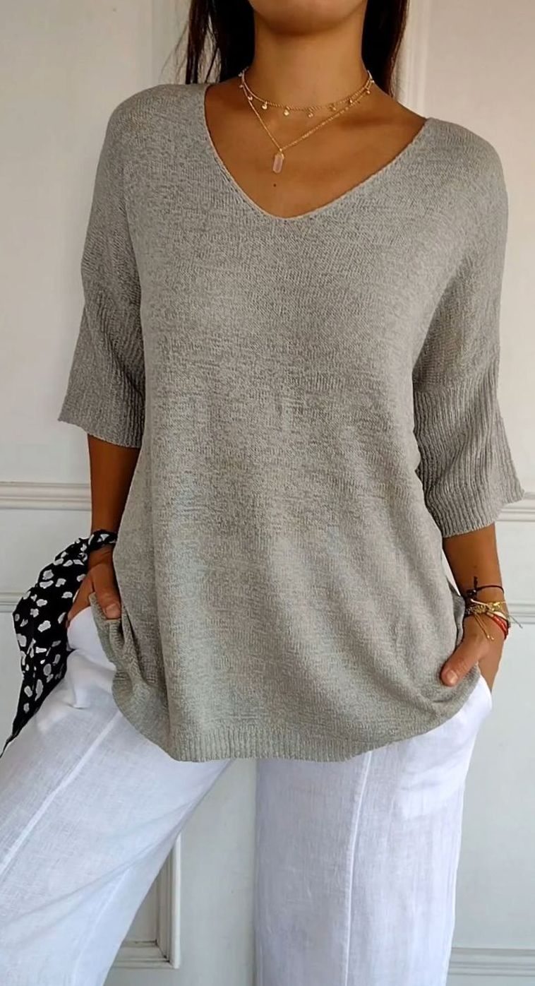 Women's Longline Loose-Fit V-Neck Knit Tunic Top - Gray