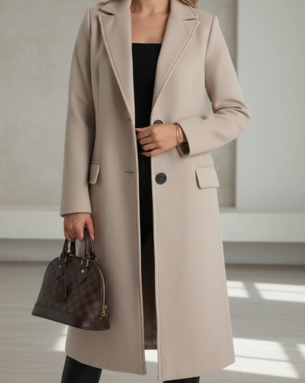 Women's Longline Tailored Button-Front Wool Coat - Beige