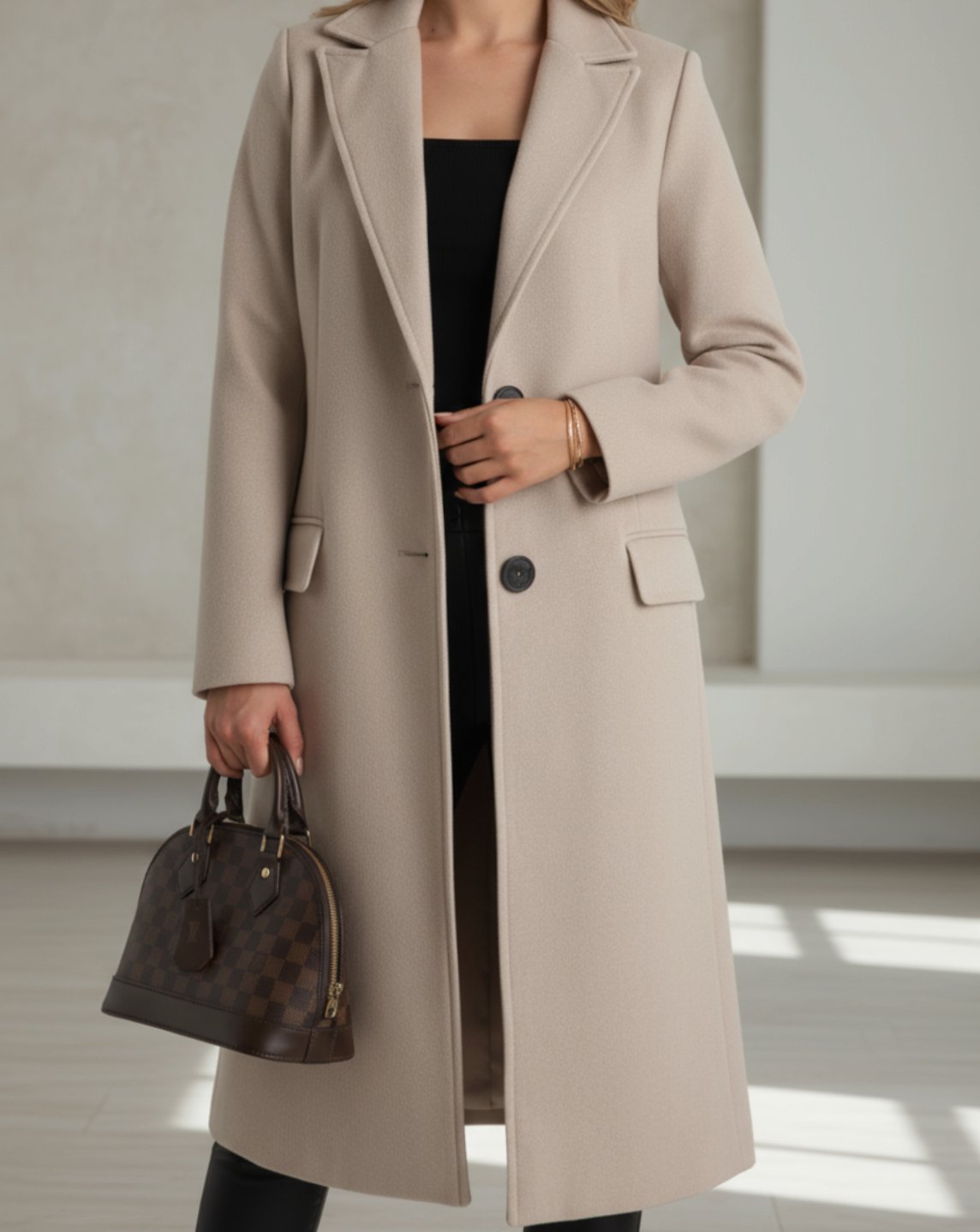 Women's Longline Tailored Button-Front Wool Coat - Beige