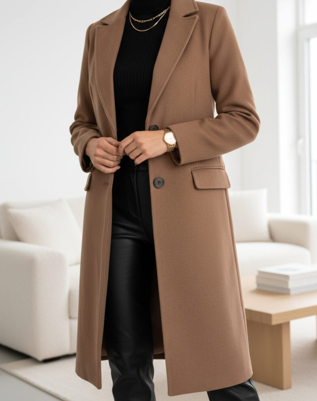 Women's Longline Tailored Button-Front Wool Coat - Brown