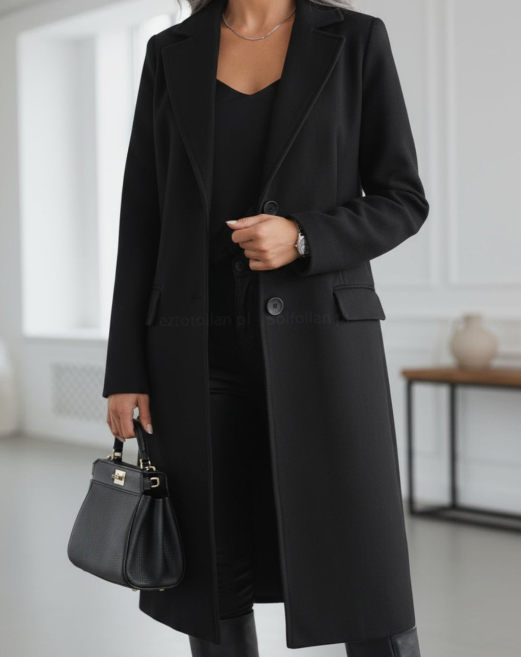 Women's Longline Tailored Button-Front Wool Coat - Black