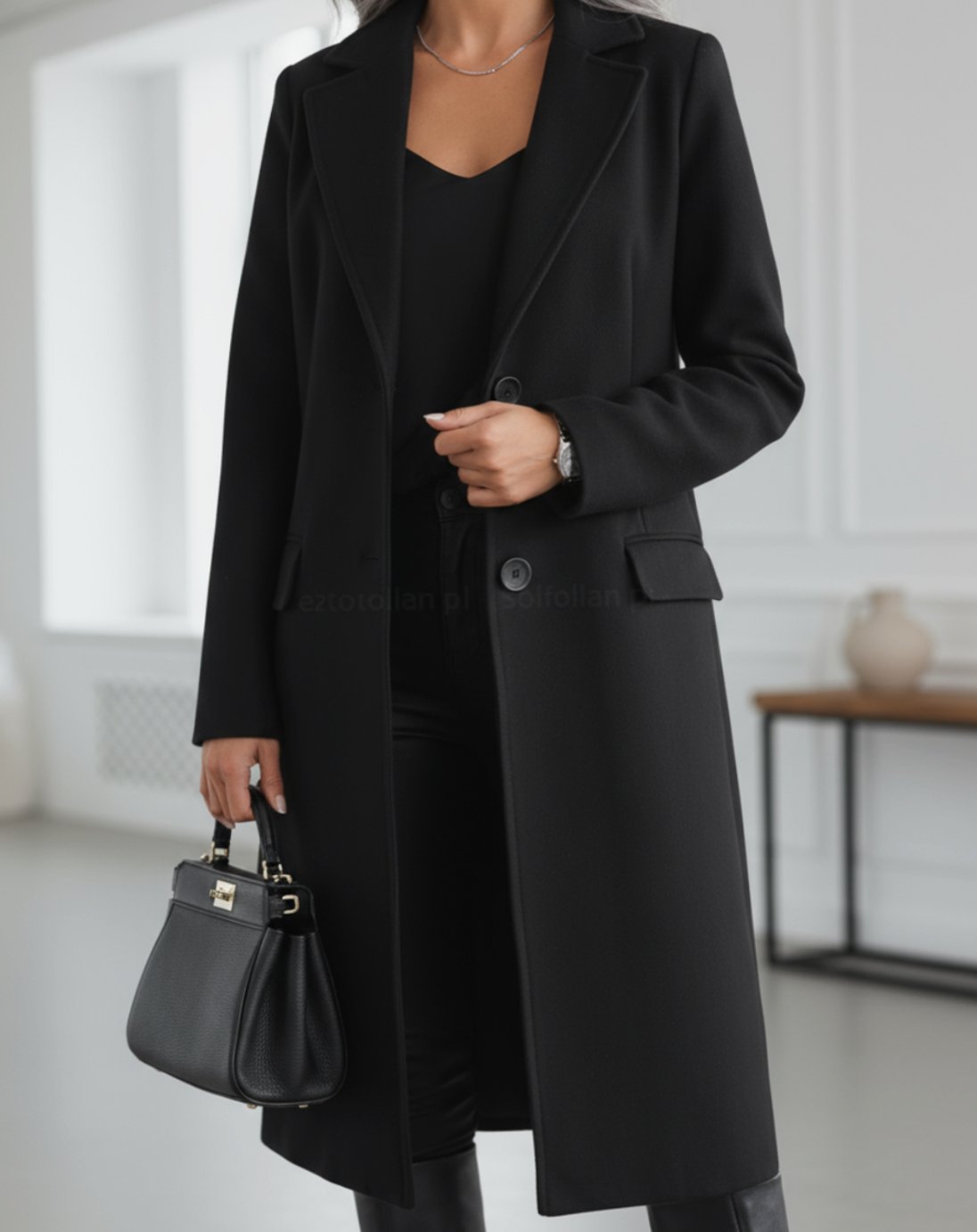 Women's Longline Tailored Button-Front Wool Coat - Black