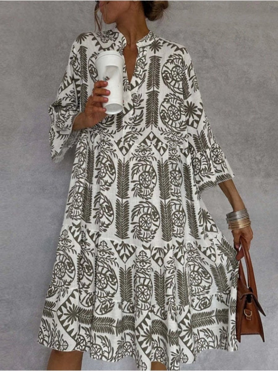 Women's Loose-Fit Floral Print Boho Tunic Dress - Khaki