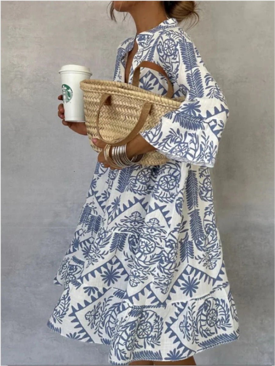 Women's Loose-Fit Floral Print Boho Tunic Dress - Hellblau