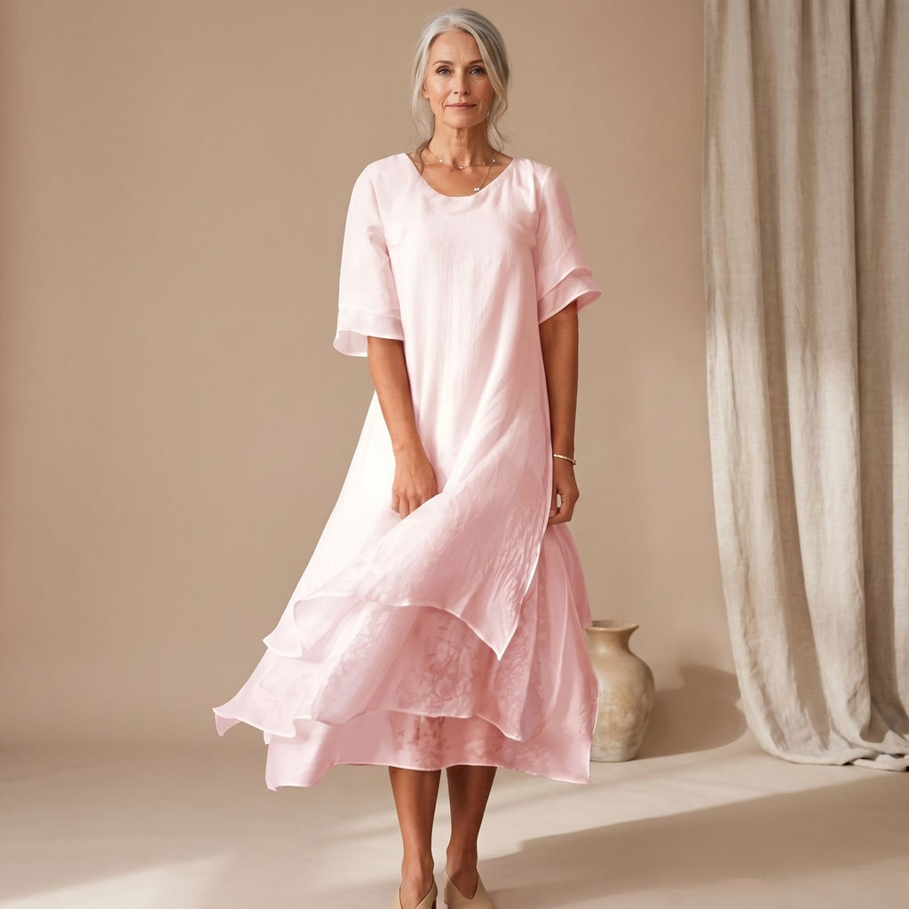 Women's Loose Layered Midi Dress Round Neck Short Sleeve - Pink