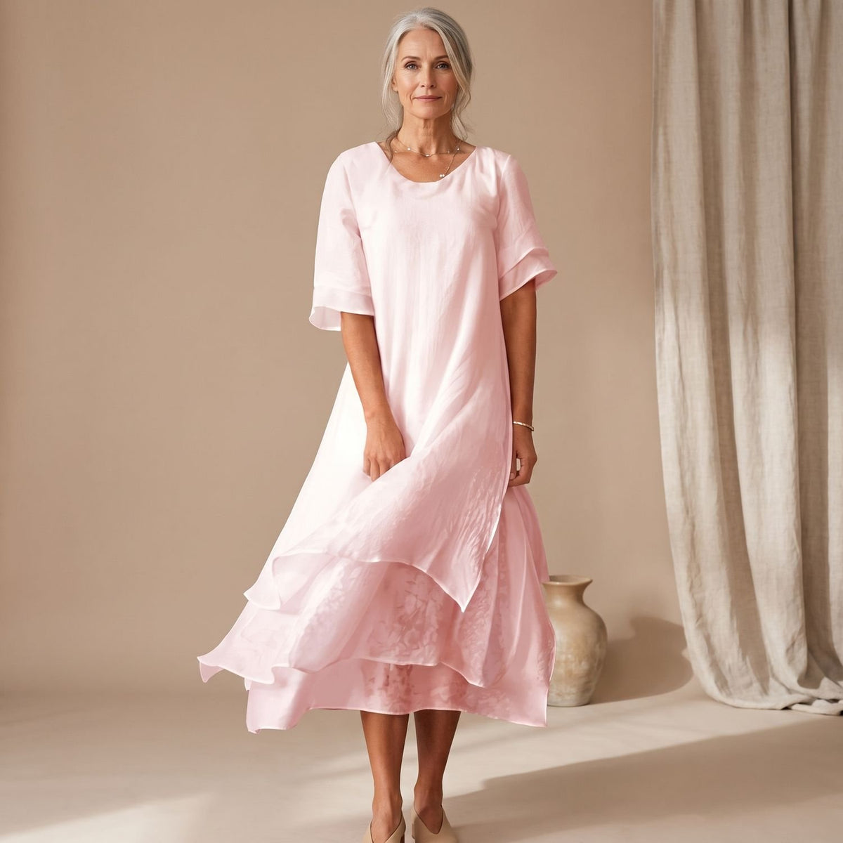 Women's Loose Layered Midi Dress Round Neck Short Sleeve - Pink