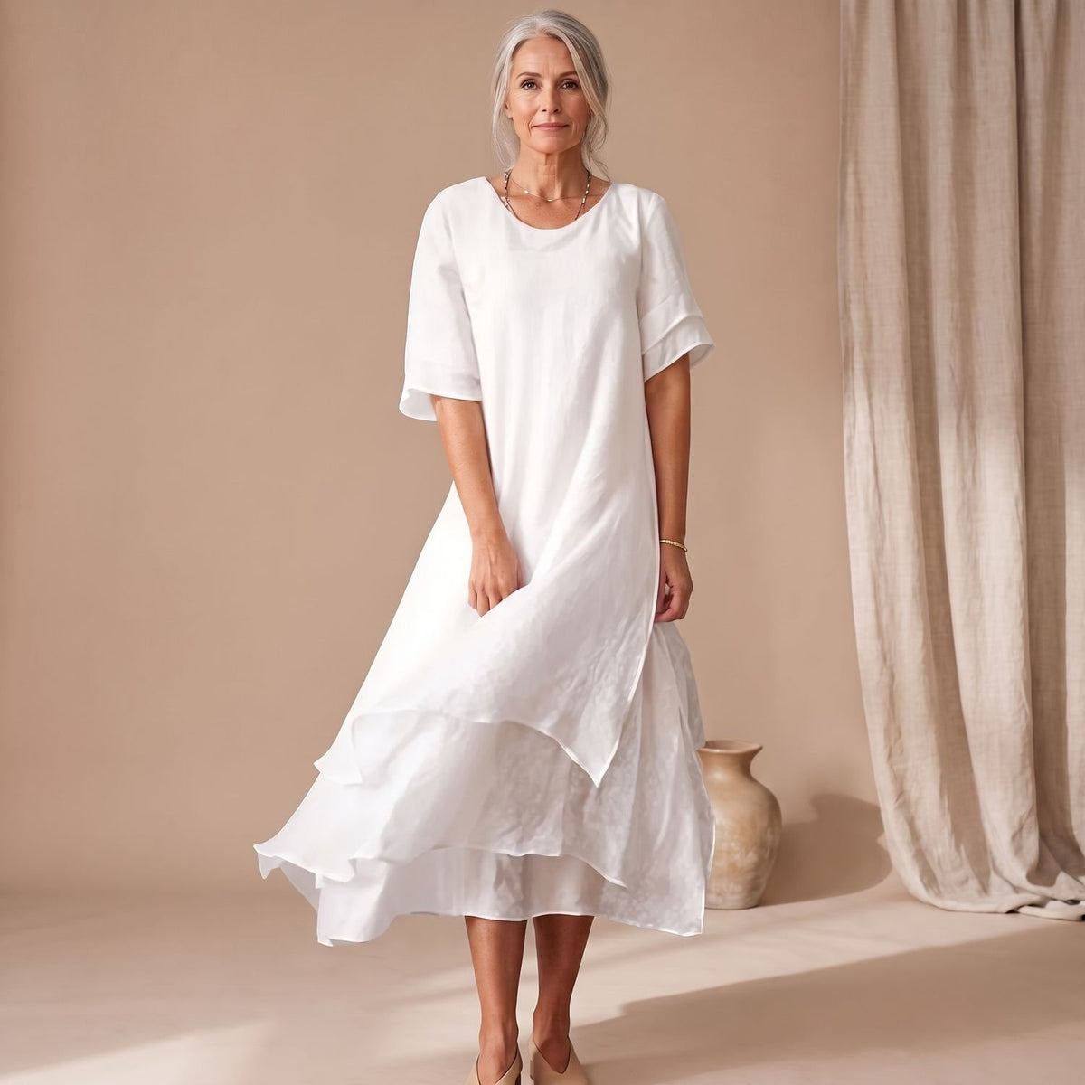 Women's Loose Layered Midi Dress Round Neck Short Sleeve - White