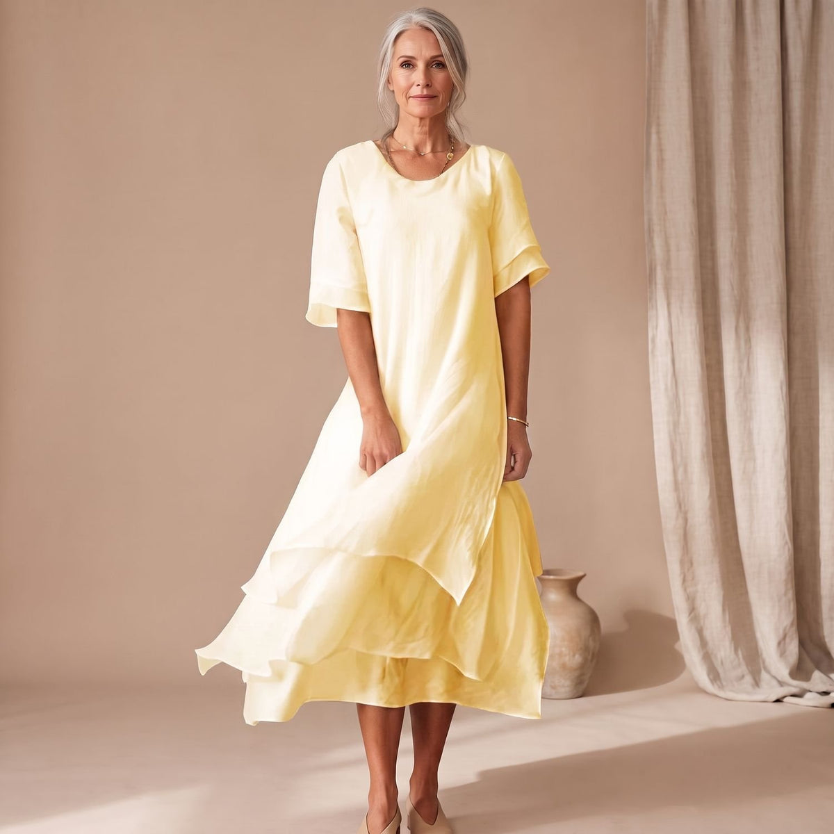 Women's Loose Layered Midi Dress Round Neck Short Sleeve - Yellow